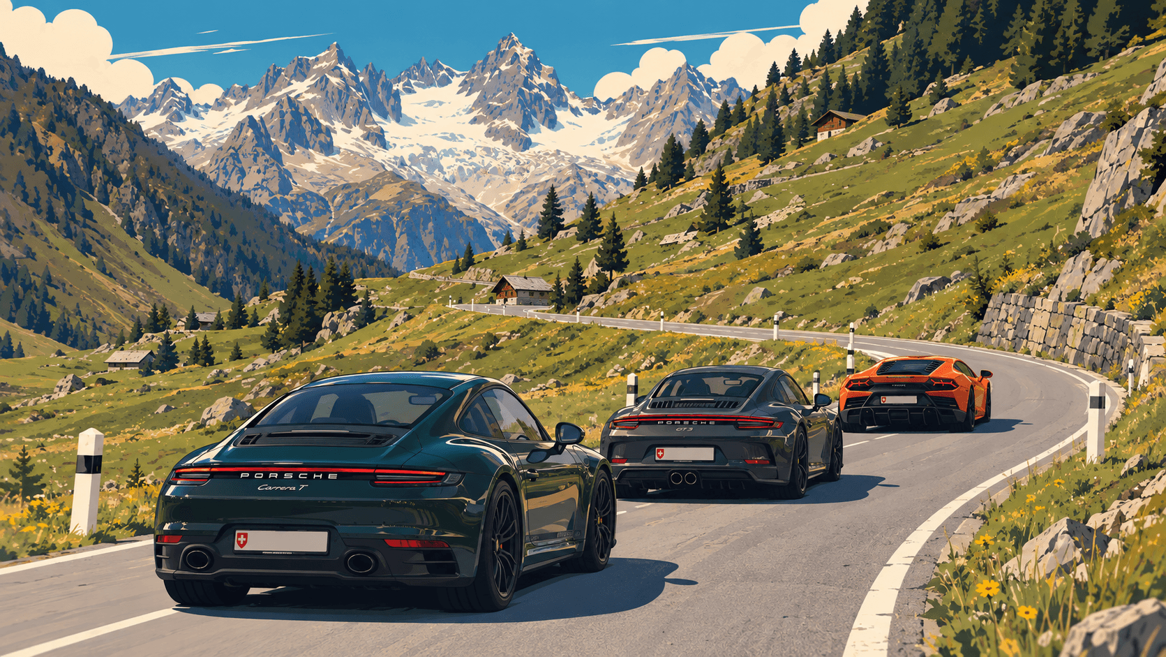 Sports cars touring through a Swiss Alpine pass