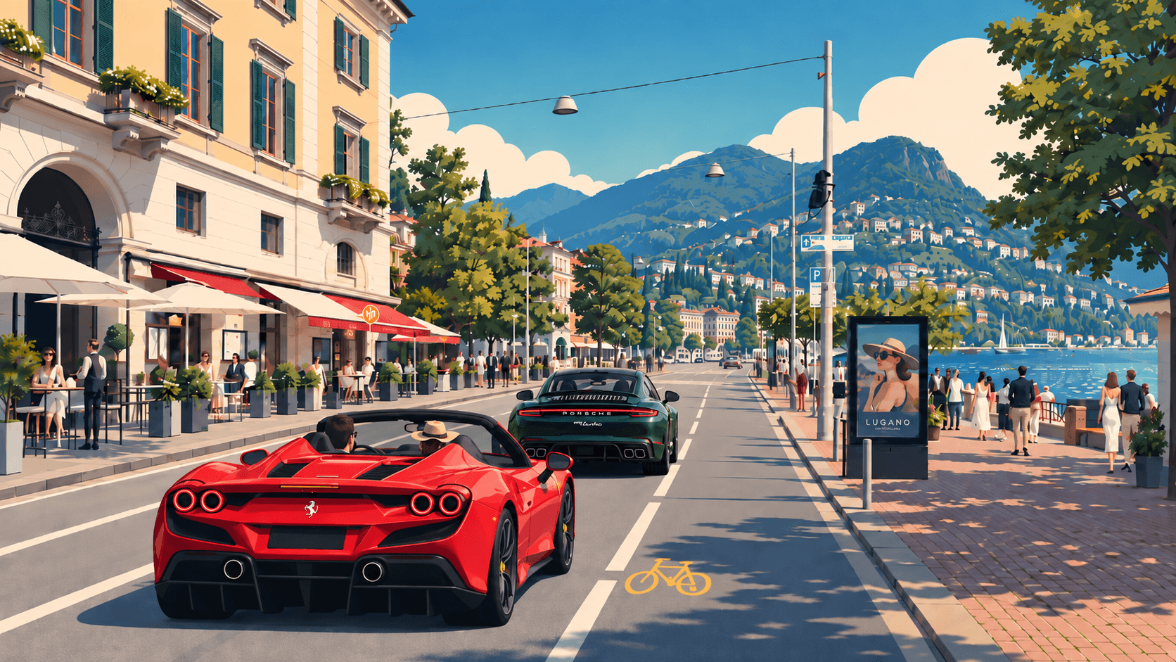 Sports cars driving along the Lugano waterfront