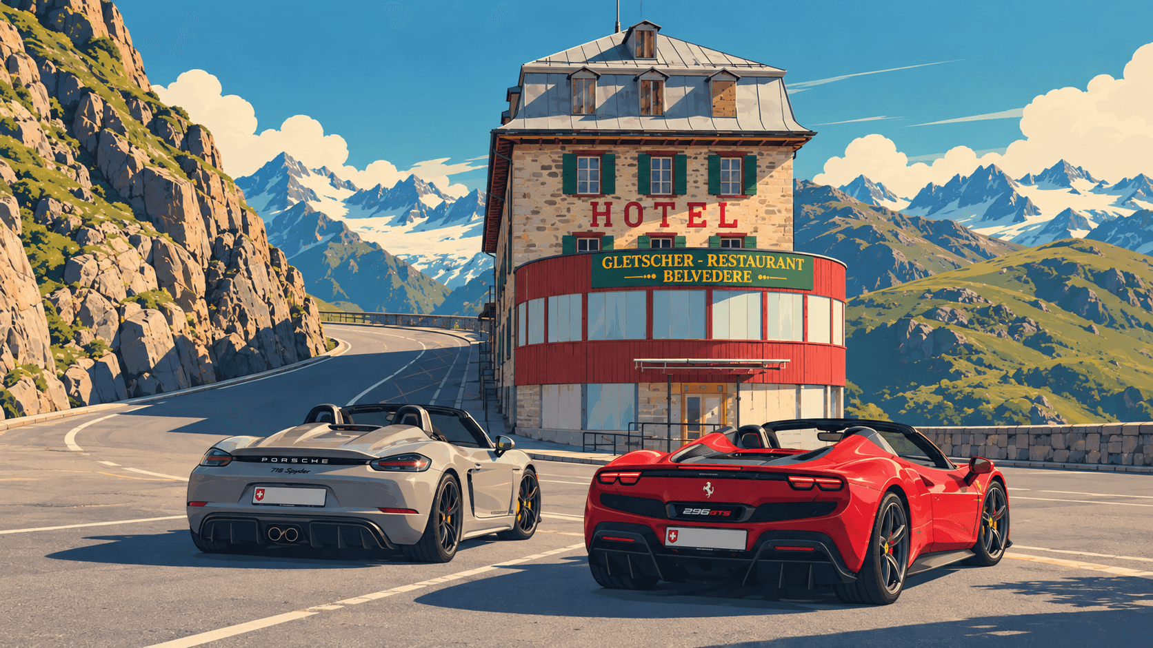 Sports cars at the historic Belvedere Hotel on Furka Pass