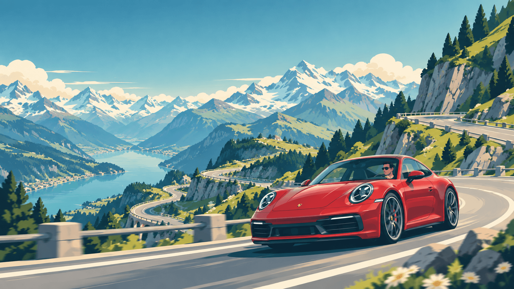 Red Porsche driving beside an Alpine lake