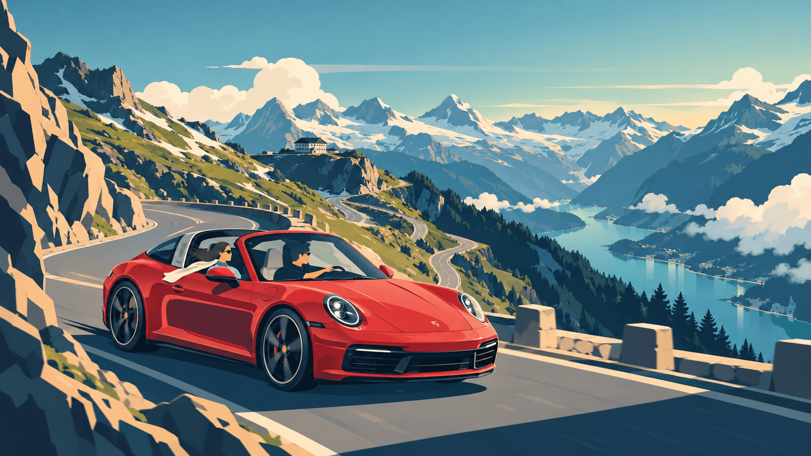 Red Porsche 911 Targa on an Alpine road